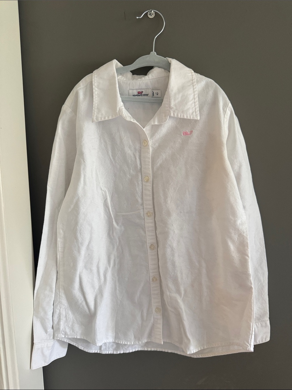 Vineyard Vines Kids White Button-Down Shirt with Pink Whale Logo